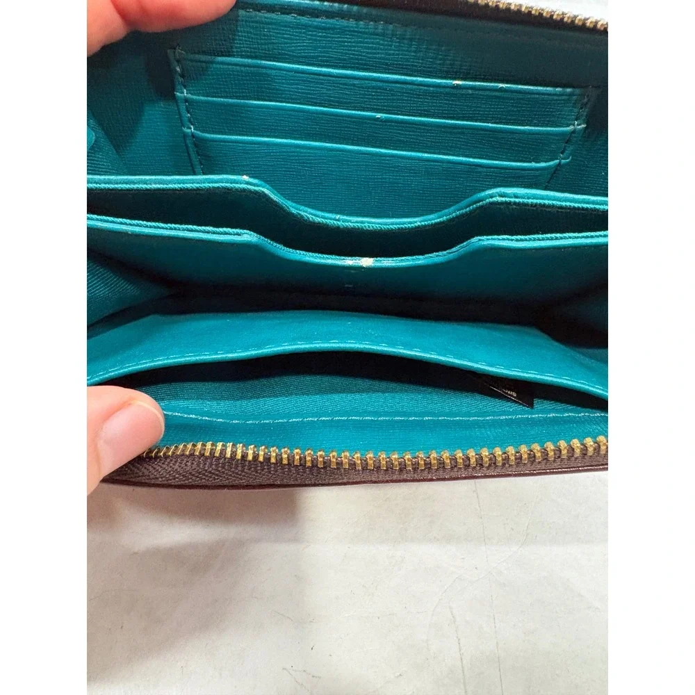 Fossil Logan Zip Around Clutch Wallet Burgundy Leather Teal Interior Wristlet